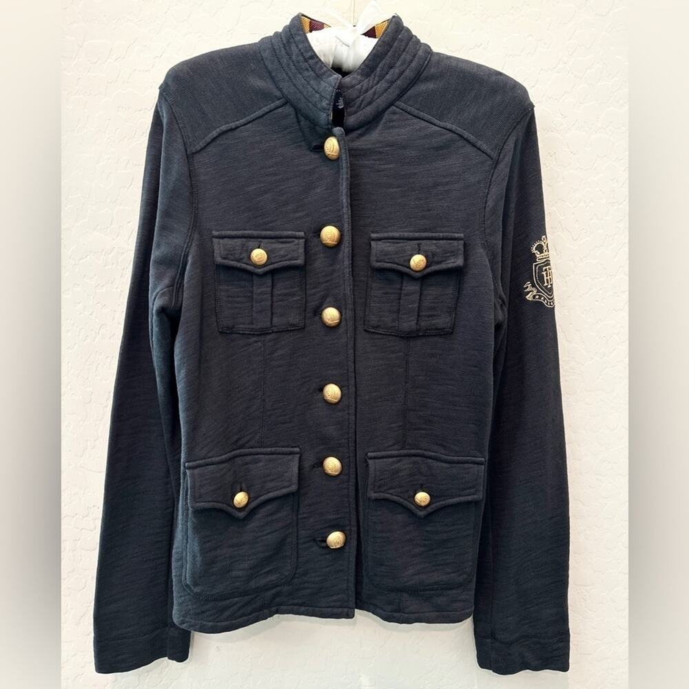TOMMY HILFIGER Navy Military Jacket Gold Crest Buttons Embroidered Sleeve Small